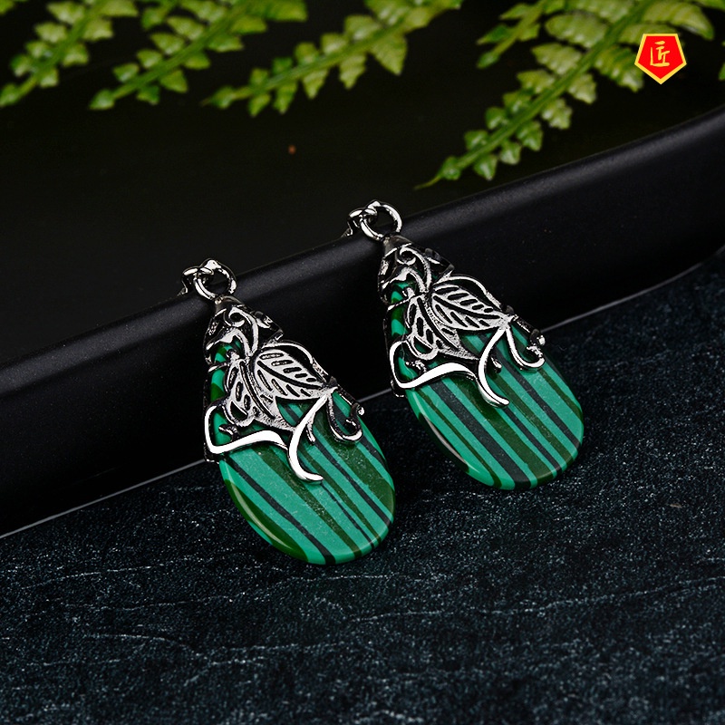 [Ready Stock]Creative Green Striped Shell Earrings Vintage Silver