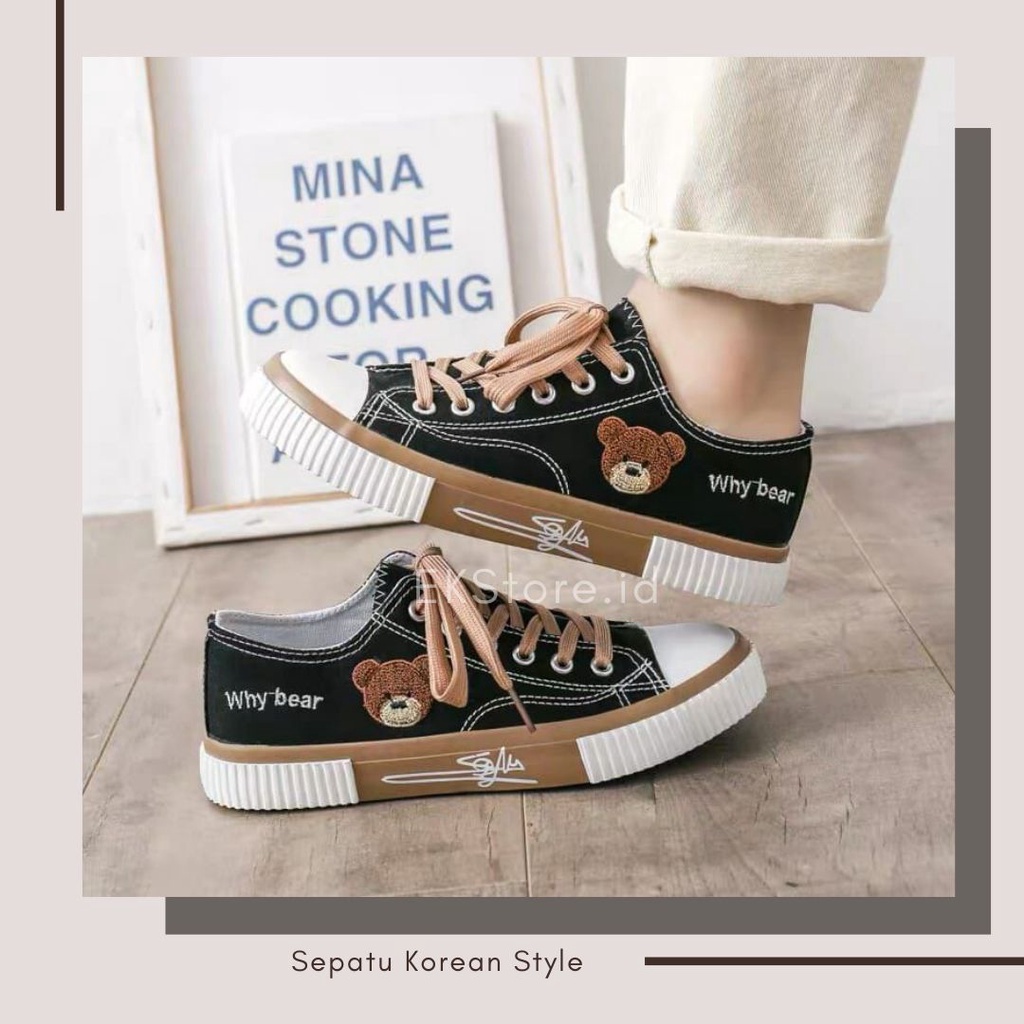 NEW!! Sepatu Sneakers Canvas Impor Korea Why Bear Black Brown / Sepatu Kets Wanita (Uk 36-40)