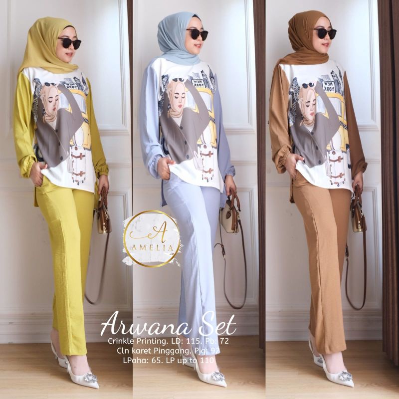 Arwana Setelan baju wanita bahan crinkle printing