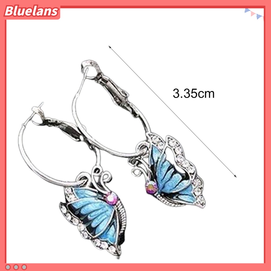 Bluelans Women 1Pair Blue Crystal Rhinestone Enamel Butterfly Dangle Hoop Earrings Earbob