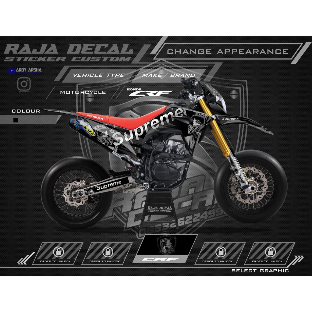 Decal Stiker CRF 150L_Stiker Dekal CRF 150L Full Body Desain Supermoto Supreme Minimalis