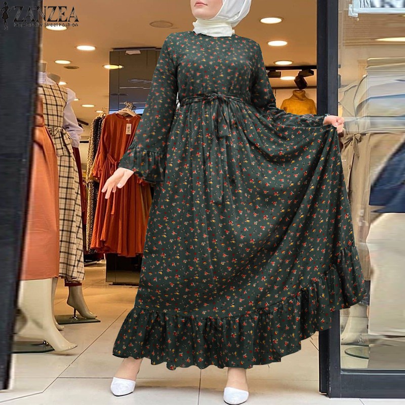 ZANZEA Women Casual Long Sleeve Floral Printing Muslim Long Dress