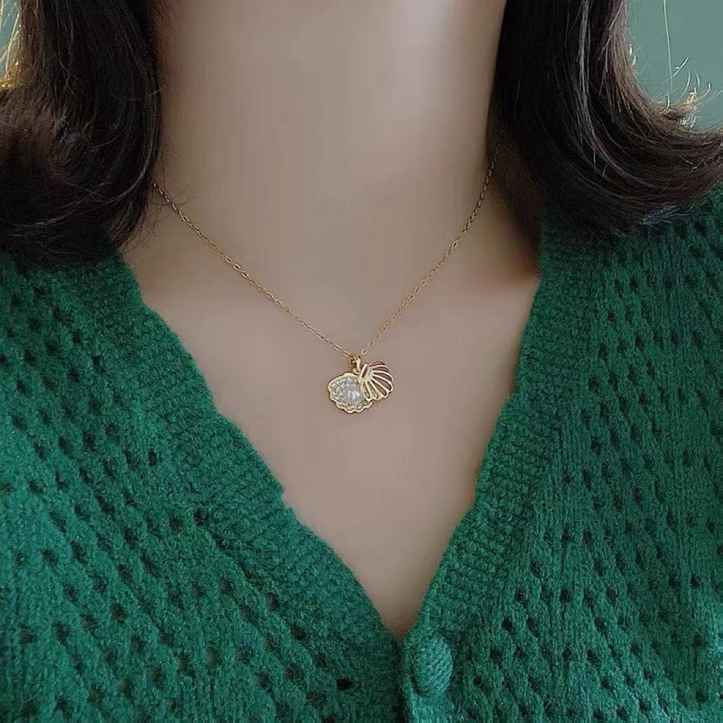 Kalung Rantai Lapis Emas 18K Dengan Liontin Kerang + Mutiara + Berlian Imitasi Untuk Wanita