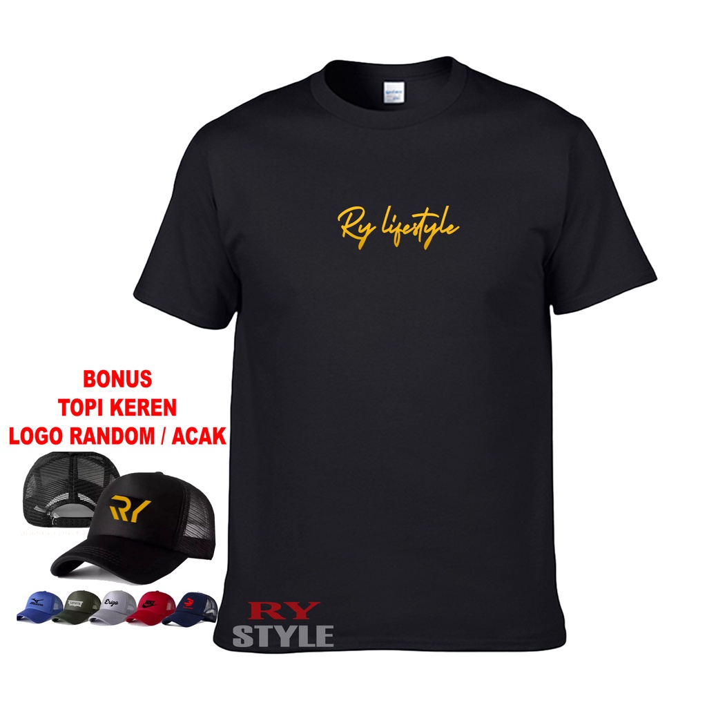 Kaos Pendek Pendek RY Lifestyle Sambung Gold + Topi RY Keren