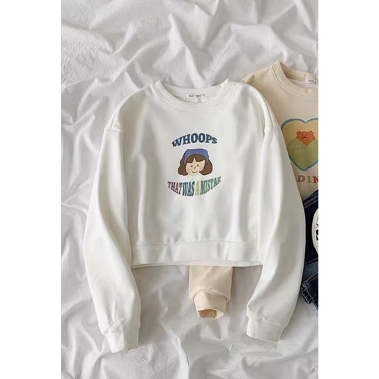 Sweater Crop WHOOPS Sweatshirt | Korean Style Sweatshirt | Pakaian Wanita | Bahan Fleece Tebal Dan Lembut