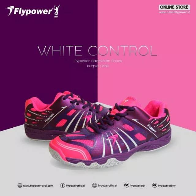 SEPATU BADMINTON FLYPOWER WHITE CONTROL PURPLE/PINK