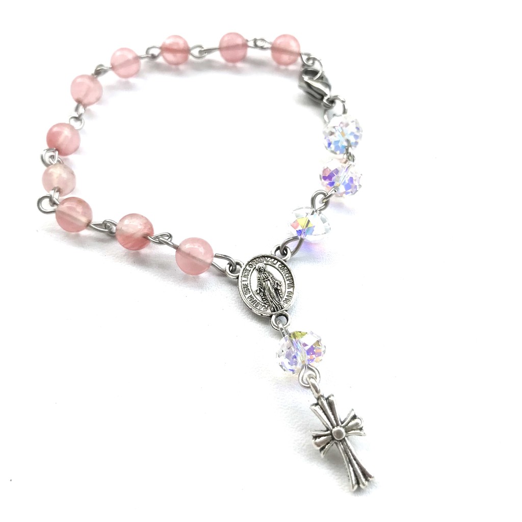 Gelang Rosario Batu Alam Cherry Quartz/Rosario Makassar/Rosario Gelang Crystal Swarovski Original