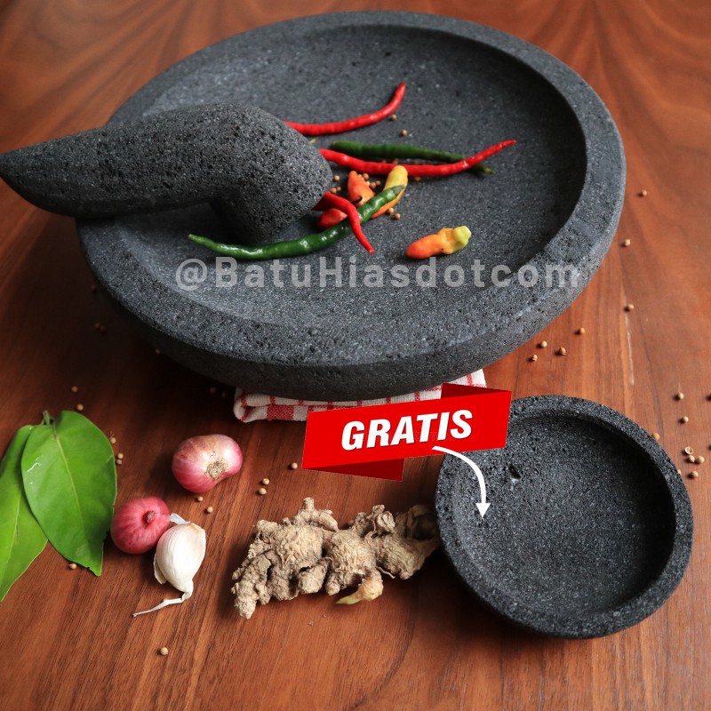 ( 33 cm ) Cobek Layah Coet dan Ulekan Munthu Uleg Ulegan Batu Lava Merapi FREE Cobek Sambal