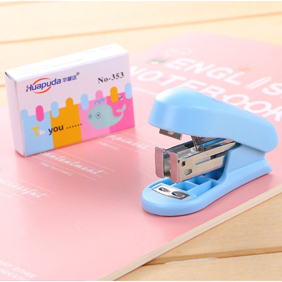 Staples Lucu Anak Sekolah Jepretan Stapler Cewek Set Mini Kecil Pink Biru Cowok dengan Isi