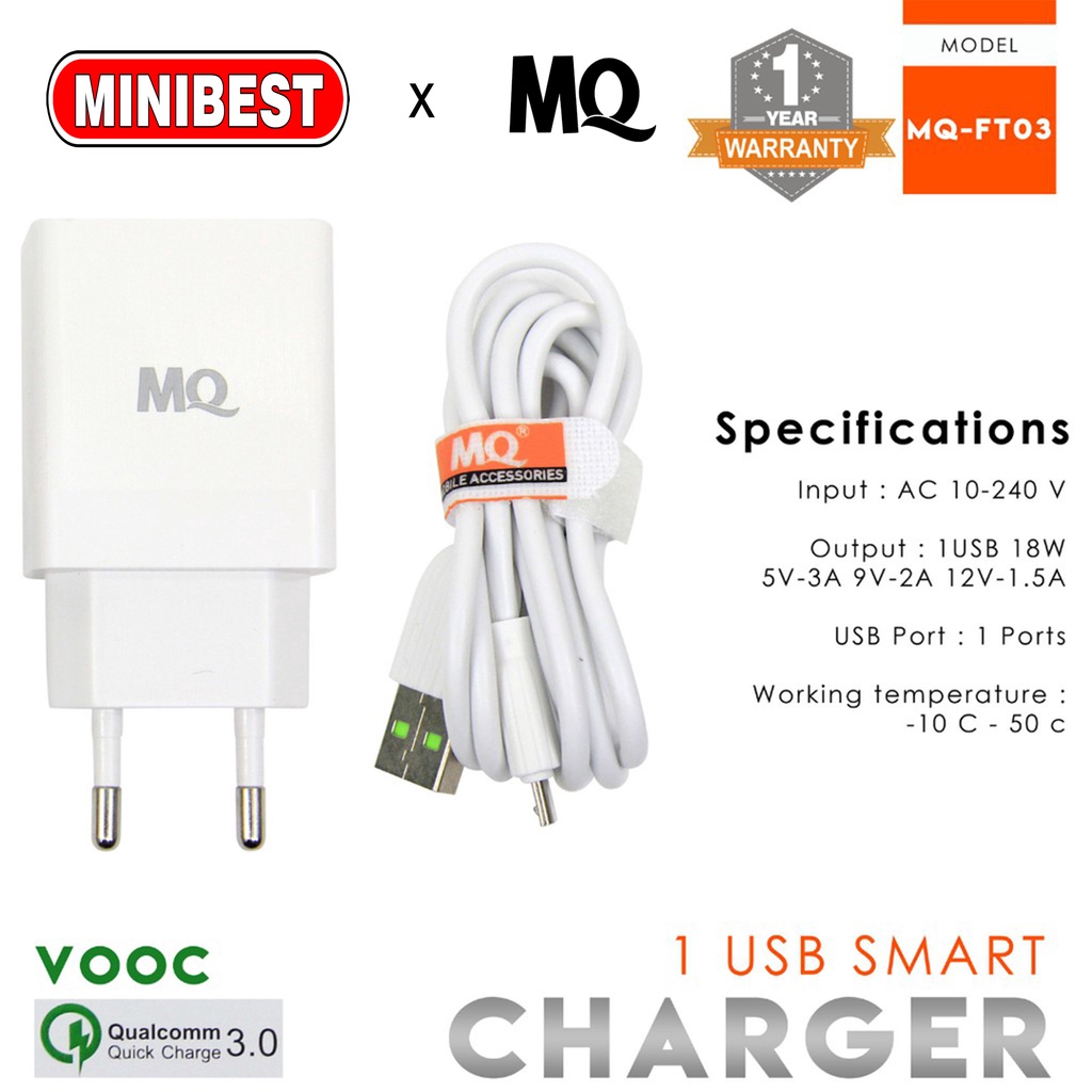 Adapter Charger Dinding Single Port 18W QC3.0 Fast Charging untuk Travel MQ-FT03