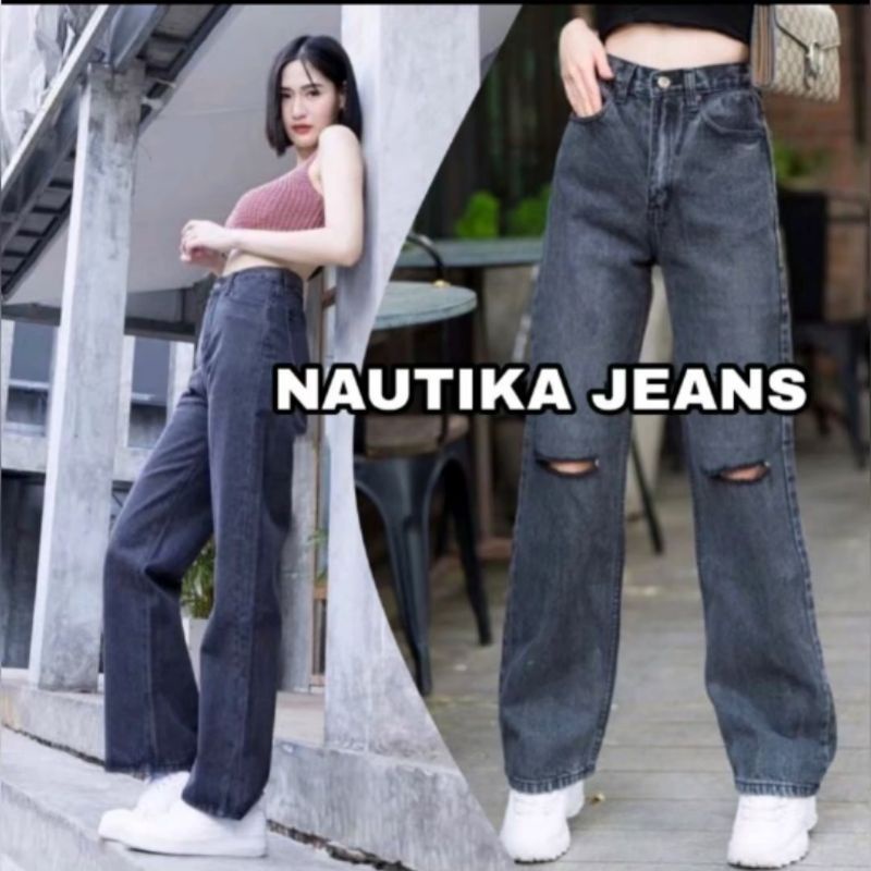 Celana Jeans cewek kulot sobek lutut stlye korea