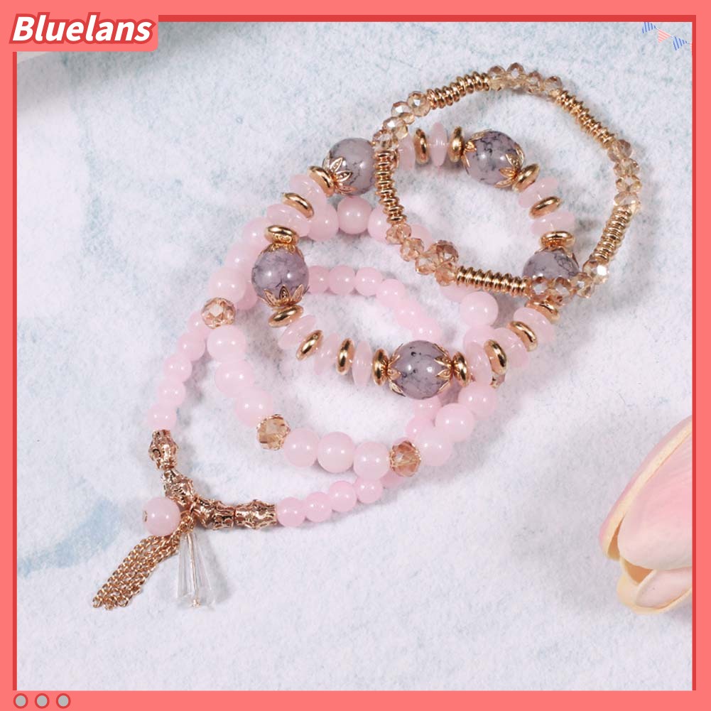 Bluelans 4Pcs Boho Faux Agate Pearl Tassel Chain Charm Beaded Bracelet Women Jewelry