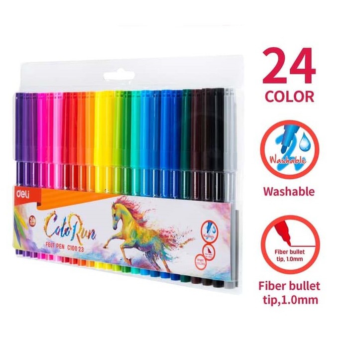 SPIDOL SET 24 WARNA DELI C-10023 BISA DIHAPUS WASHABLE FELT PEN MARKER 1.0 MM NON TOXIC