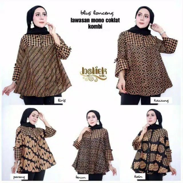 Blus Lonceng Lawasan Mono Coklat Kombi Batik Modern Casual Kerja Kantor Muslim Pesta