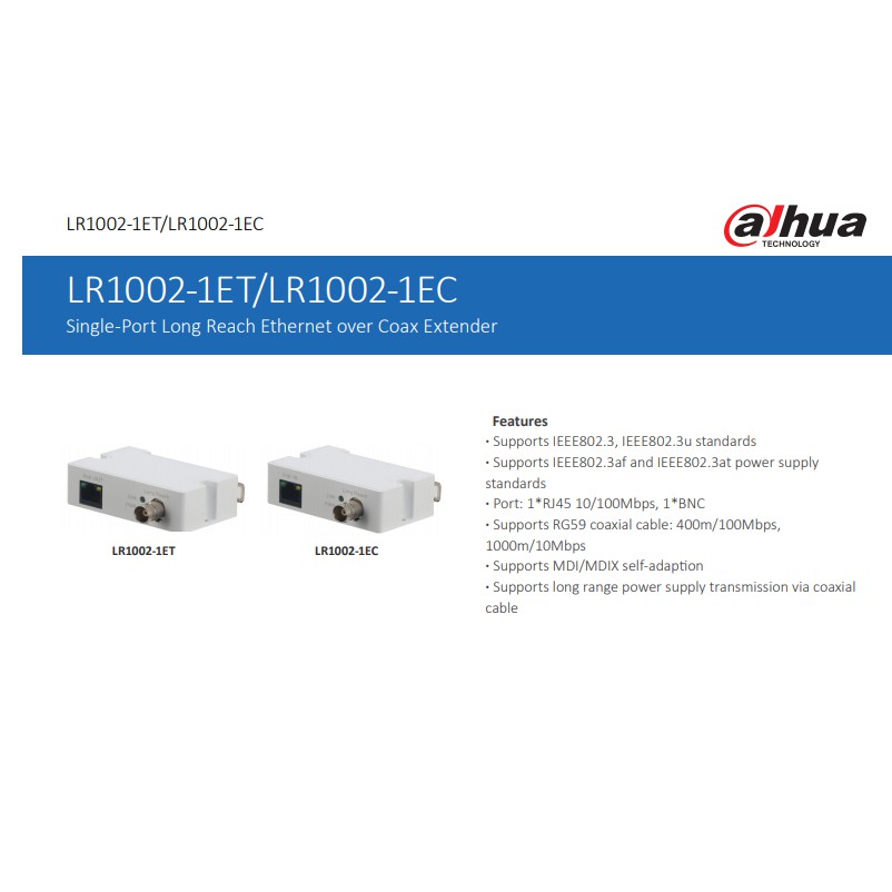 Dahua Transmission Accessories LR1002-1EC Single-Port EoC Extender