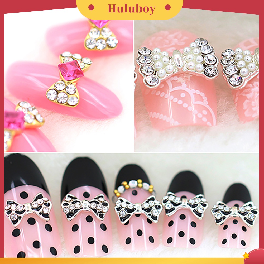 Huluboy Huluboy♡ 10pcs Stiker Kuku 3D Bentuk Pita Bahan Alloy Dengan Glitter Berlian Imitasi