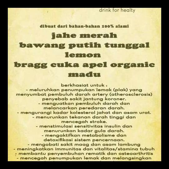 

JUS BAWANG PUTIH TUNGGAL, CUKA APEL, JAHE MERAH, LEMON DAN MADU TERLARIS