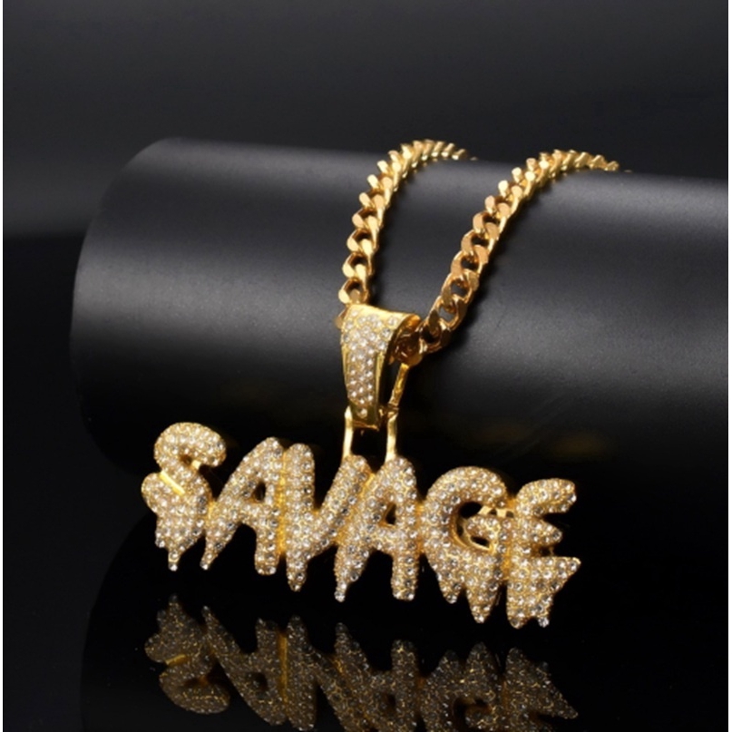 SEUSUK Hip Hop Brass Gold Chain Miniature Pavé Cubic Zircon SAVAGE Pendant Necklace Charm Men's Gift