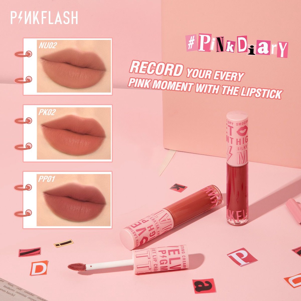 PINKFLASH #PinkDiary Velvet Matte Lipstick Lip Cream Smooth High Pigment Lasting Tahan Air Lipstik PF-L04
