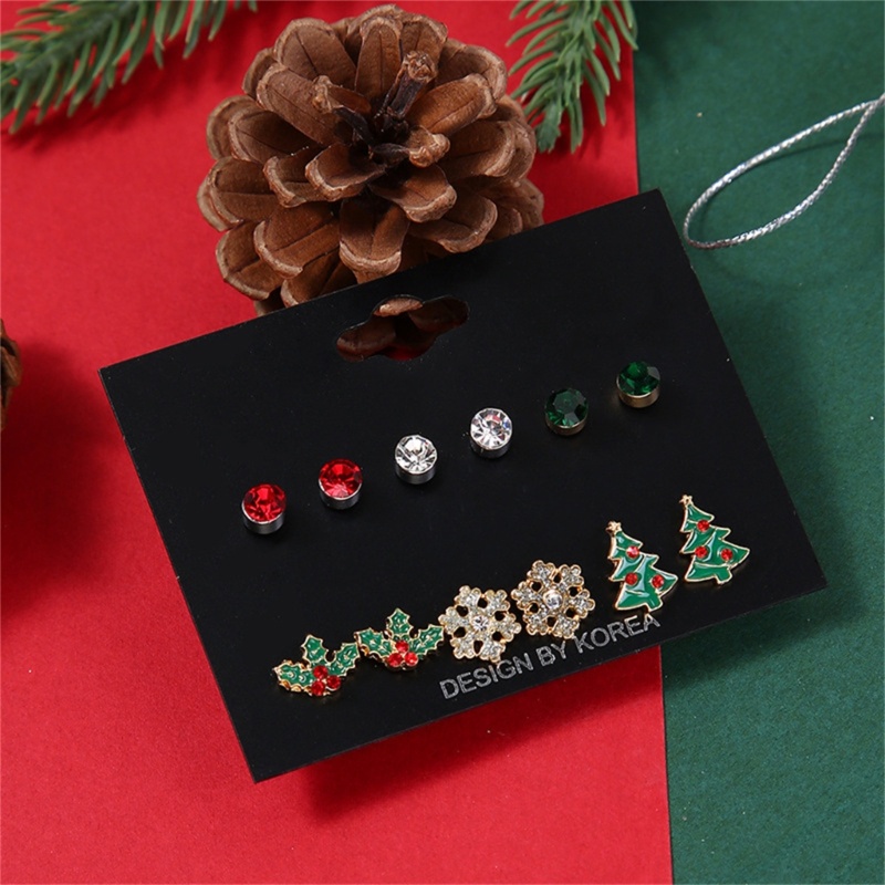 6 Pasang Anting Stud Handmade Bentuk Bola Snowflake Pohon Natal Untuk Wanita