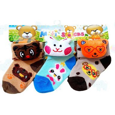 Kaos Kaki Bayi Boneka 3D Samping (laki perempuan,Katun Sapandex,Isi 3 pasang,usia 0 6 bulan,1 tahun)