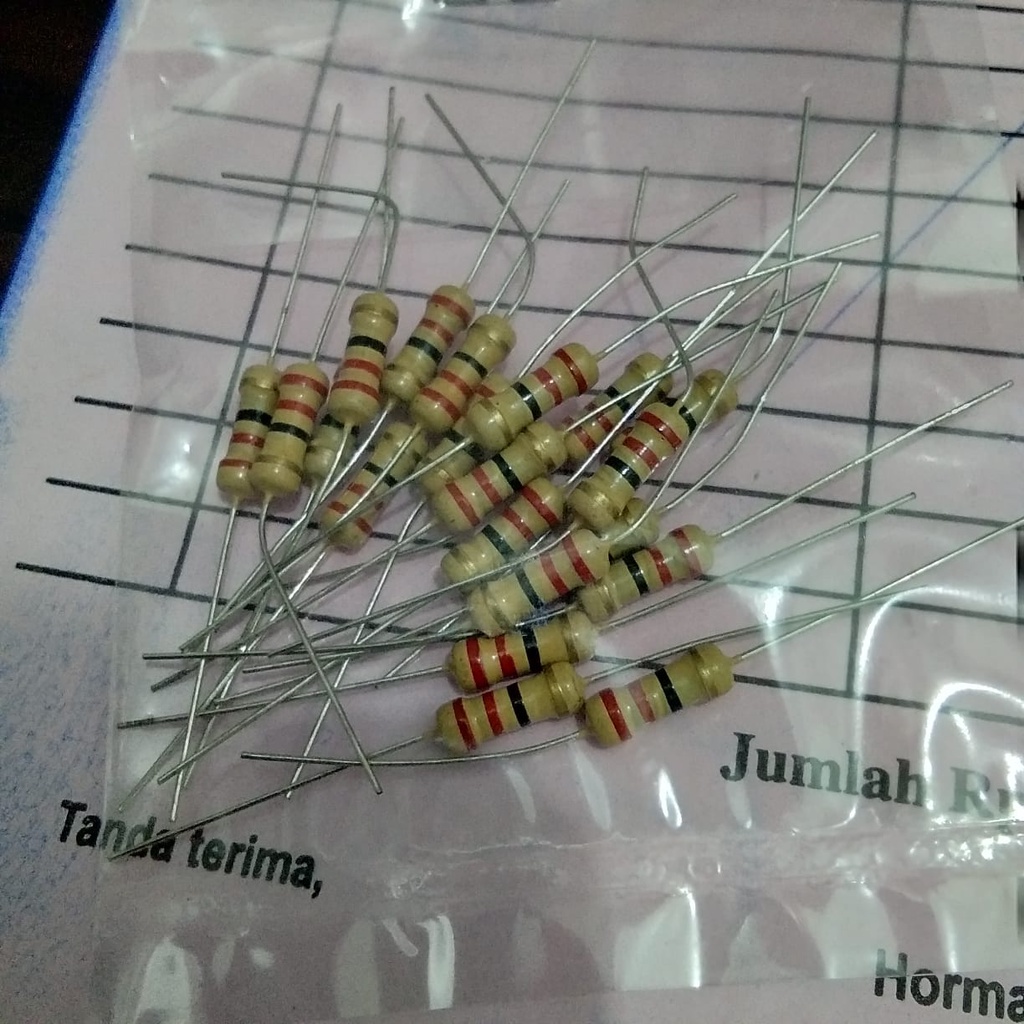 Resistor setengah watt 10R, 10k, 1k, 15k, 2k2, 22r, 22k, 27r, 27k  330k,  4k7,  20R , 560, 56k, 220, 22k, 100, 47, 68k ohm (GAMBAR HANYA CONTOH)