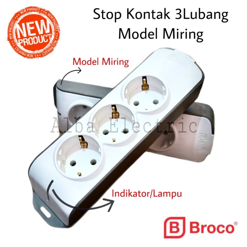 Stop Kontak 3 Lubang BROCO Lampu Indikator Model Miring Tanpa Kabel OB Stop Kontak Broco Terminal Broco Outbow