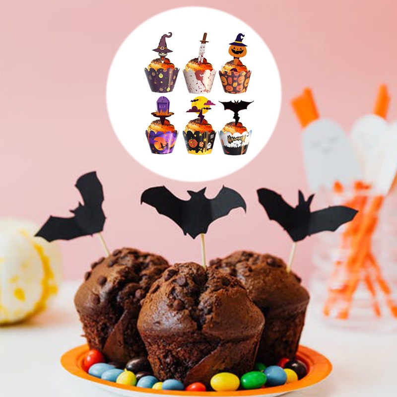 12 / 24pcs Topper Cupcake Desain Labu Kelelawar Halloween Untuk Dekorasi Pesta