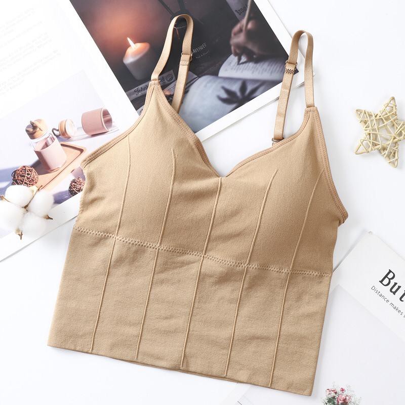 Blackpink Tank Top Crop Top  Sport Tali elastis Gaya Retro Leher V Pakain Dalam Wanita 1133-CREAM
