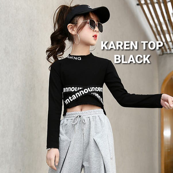 KAREN TOP BLACK / BAJU CASUAL ANAK PEREMPUAN / CROP TOP REMAJA KOREA IMPOR BLACK HIP HOP