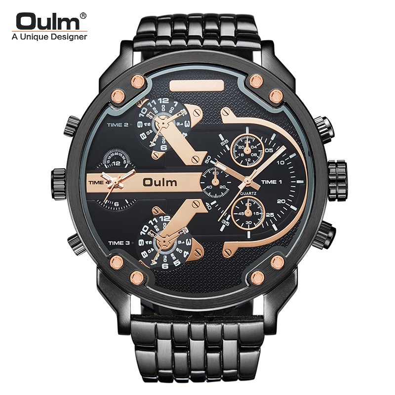 Oulm 2022- Klasik Keren Kasual Jam Tangan Pria Besar Dial Ganda Zona Waktu Sabuk Paduan Jam Tangan K