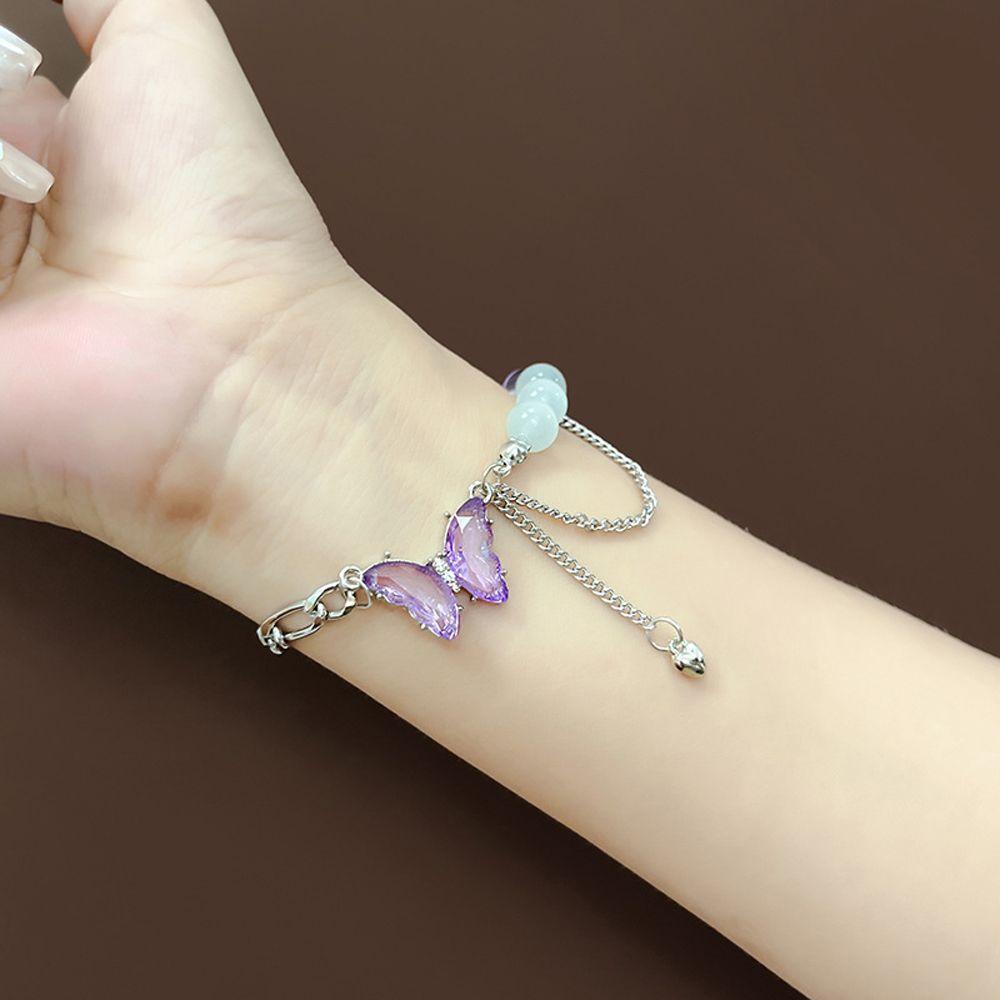 Needway Gelang Kupu-Kupu Kristal Elegan Chic Perhiasan Hadiah Manik-Manik Anak Perempuan Rantai Bangle Untuk Wanita