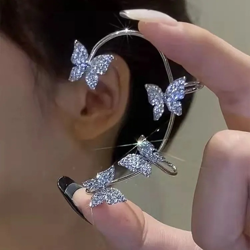 [Women Elegant Butterfly Wrap Ear Clips] [Ladies Rhinestone Statement Earrings] [Korean INS Simple Style Wedding Party Ear Jewelry]