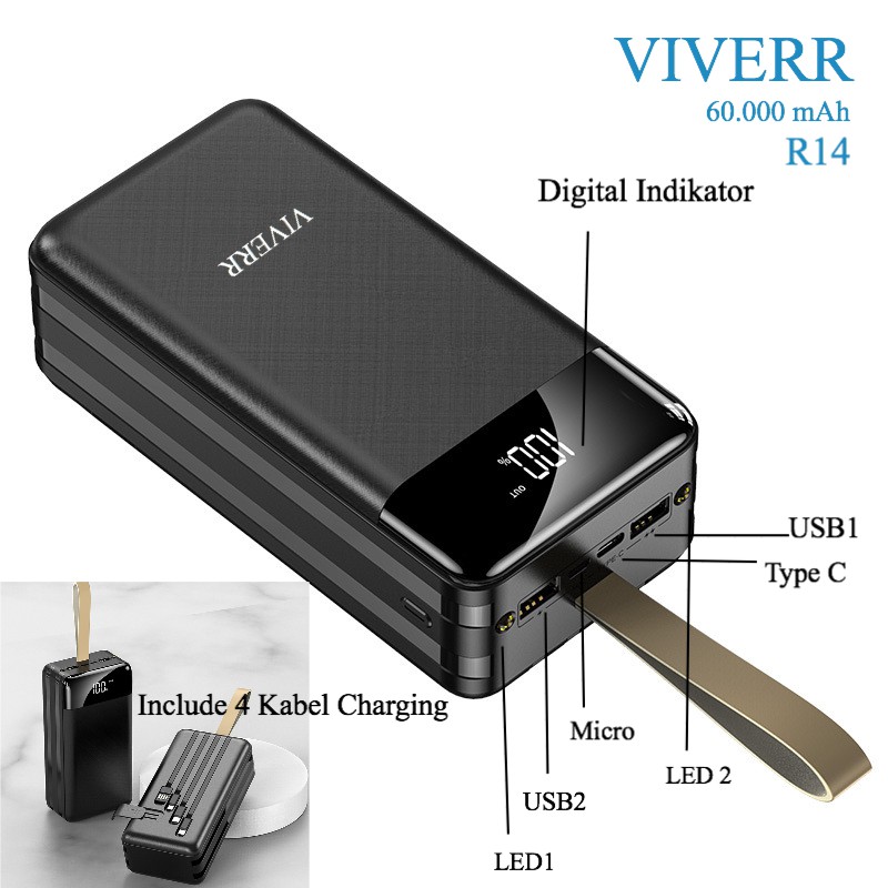 Powerbank VIVERR R14 Fast charging Kapasitas 60.000 mAh With Kabel 3 output 2USB Original 1tahun.