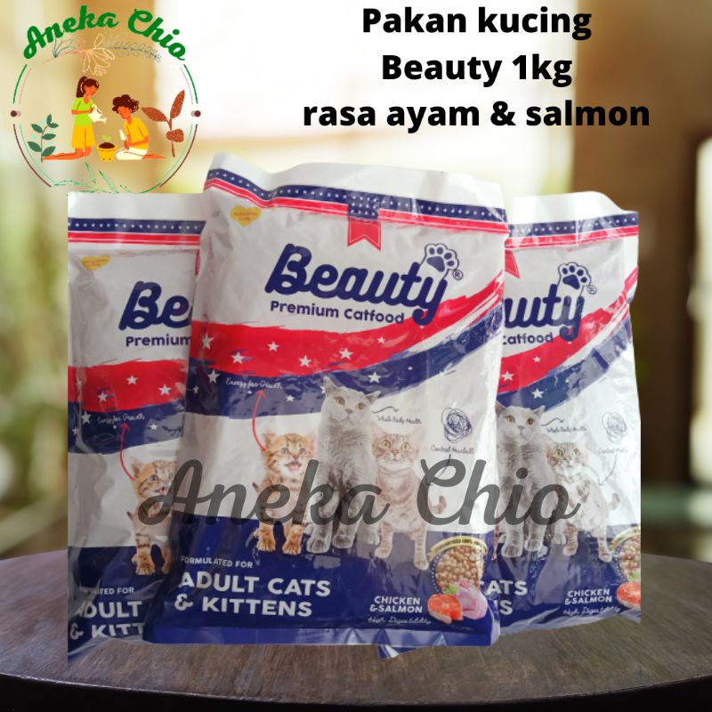 makanan kucing cat food beauty 1kg rasa ayam dan salmon