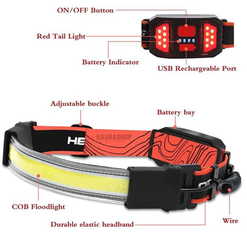 HS-333 Senter Kepala LED Strip COB Super Terang USB Rechargeable Red Tail Headlamp Worklight Waterproof LED Strip COB