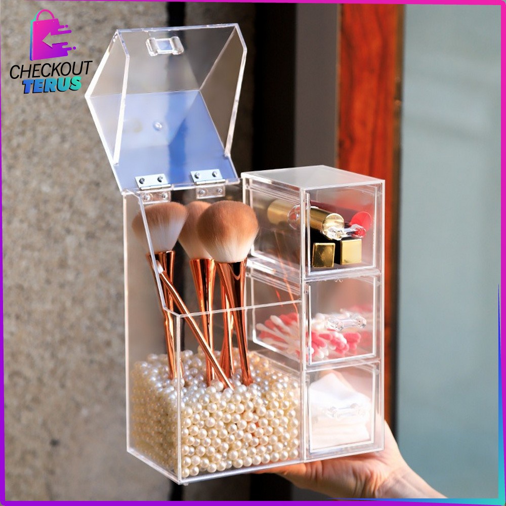 CT K18 Rak Organizer Multifungsi Kotak Penyimpanan Brush Make Up ada Mutiara Rak Anting Acrylic Storage Box Kuas Makeup