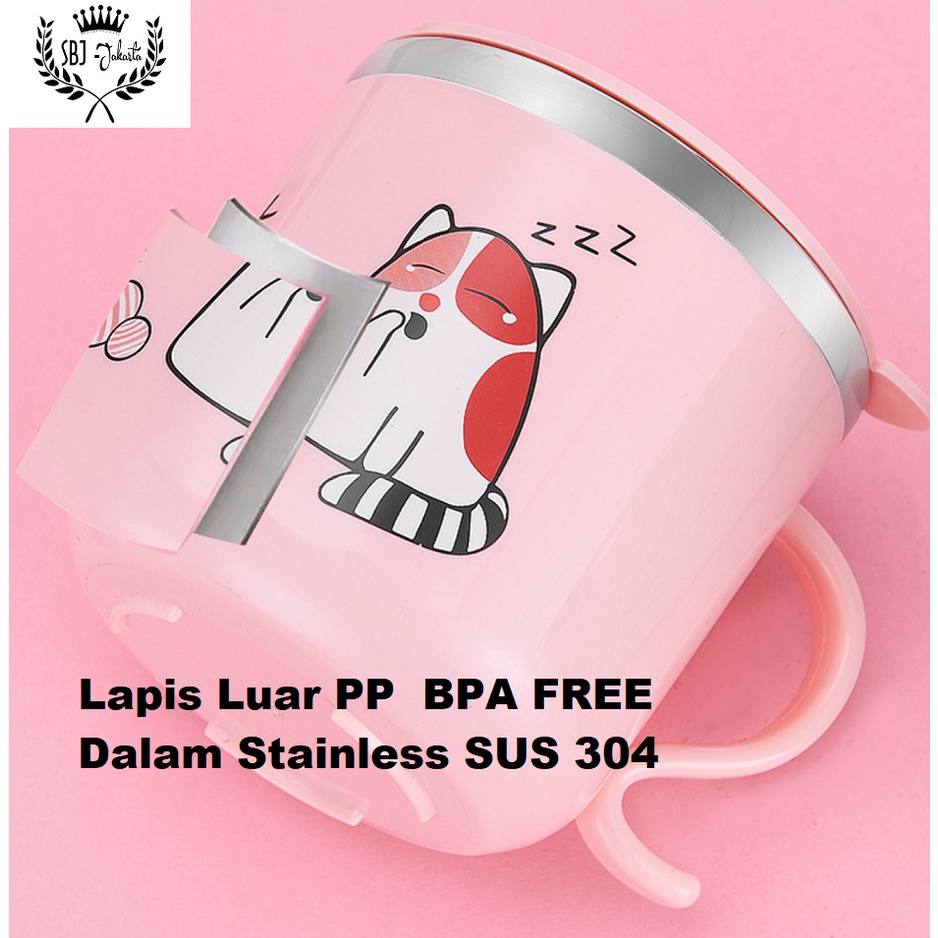 Cangkir Anak Gelas Mug 304 SUS Cute Cat Stainless 304 Anti Bocor 270ml