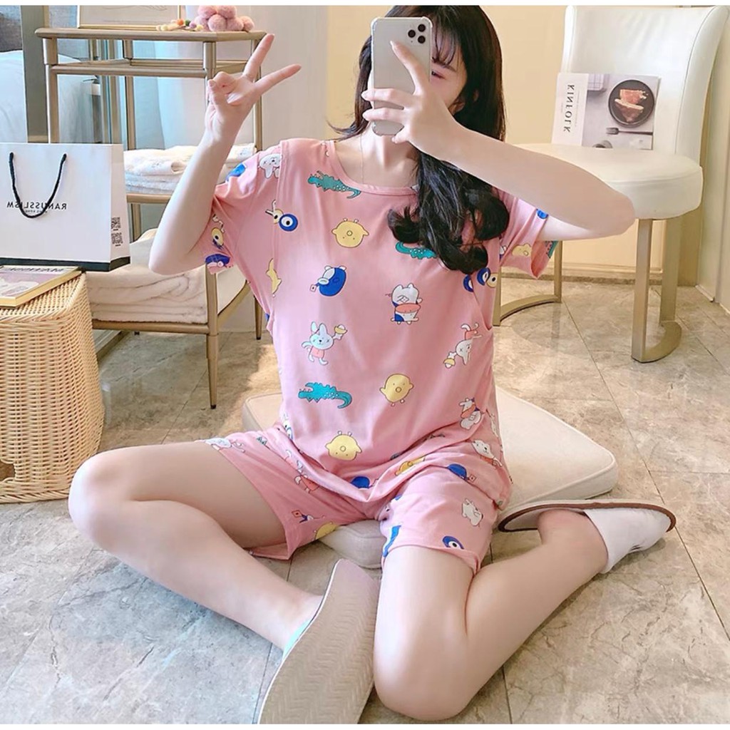 Baju Tidur Piyama Set/Piyama Wanita Import/Baju Piyama Pendek/Short Sleep Wear-K18- Pink Animal