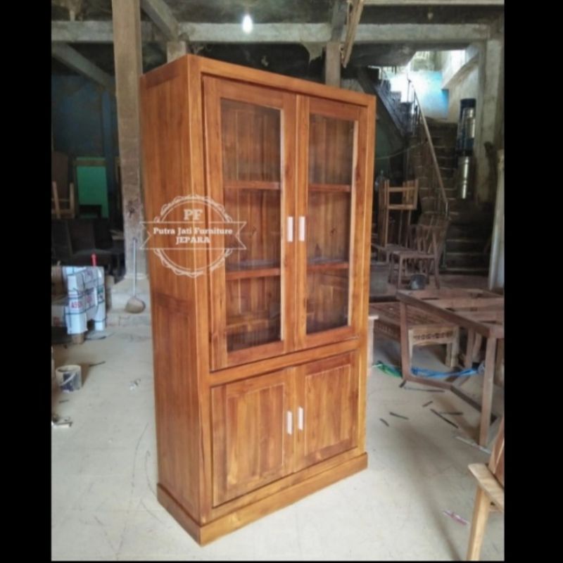 Lemari kaca bahan kayu jati - Rak dapur model minimalis mebel Jepara