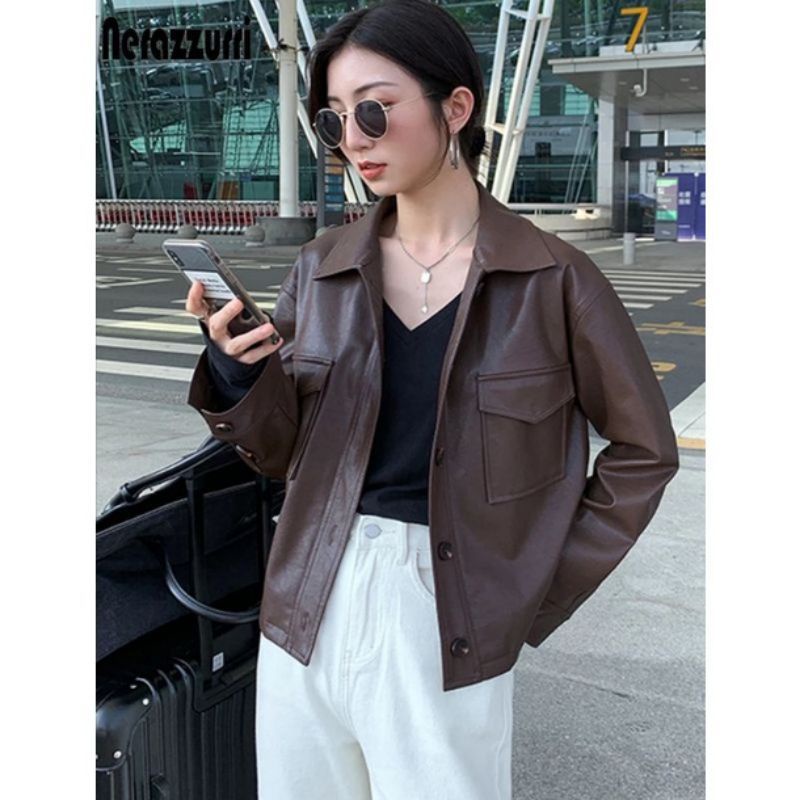 Leather shirt long Sleeve/leather jacket woman /atasan kemeja kulit
