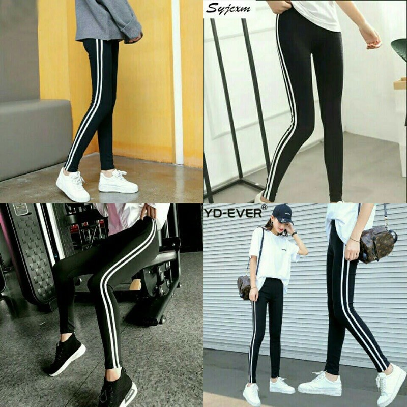 Celana Legging List Putih Pita Import Fashion Wanita Katun Jumbo