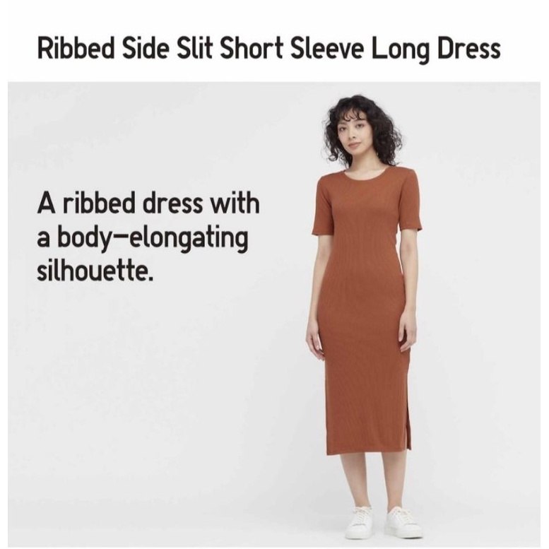 UNIQLO WOMEN RIBBED SIDE SLIT SHORT SLEEVE LONG DRESS Rok Panjang Lengan Pendek Rib