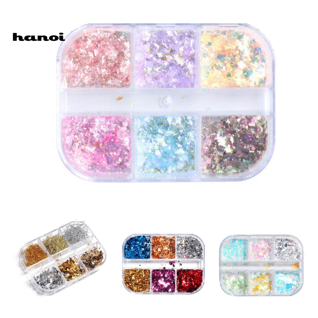 Han 1 Kotak Payet Glitter 6 Sekat Untuk Dekorasi Nail Art / Manicure DIY