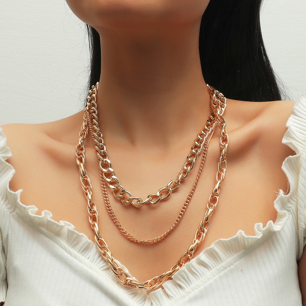 Multilayer Tebal Rantai Klavikula Rantai Kuba Liar Kreatif Fashion Kalung Retro Angin Dingin Kepribadian Wanita Kalung