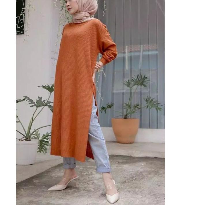 ✾ DRESS TUNIK Rajut Belahan Samping Pakaian Rajut Atasan Wanita ➼