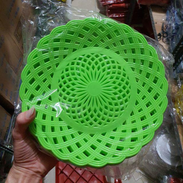 Piring Rotan Plastik Bulat Piring Lidi TEBAL ISI 1 LUSIN-hijau