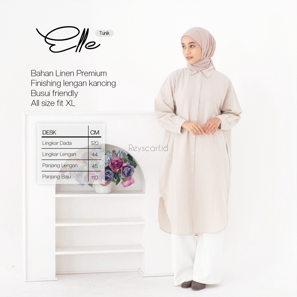 Elle Tunic Linen By Reyscarf.id- Bahan Cotton Linen Premium | Kemeja Panjang Wanita | Elle Long Shirt | Linen Long Outer | Tunic Linen | Bisa COD