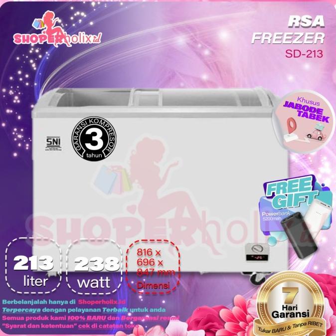 CHEST FREEZER RSA SD-213 SLEDING CURVE GLASS FREEZER BOX GARANSI RESMI ---Ready---