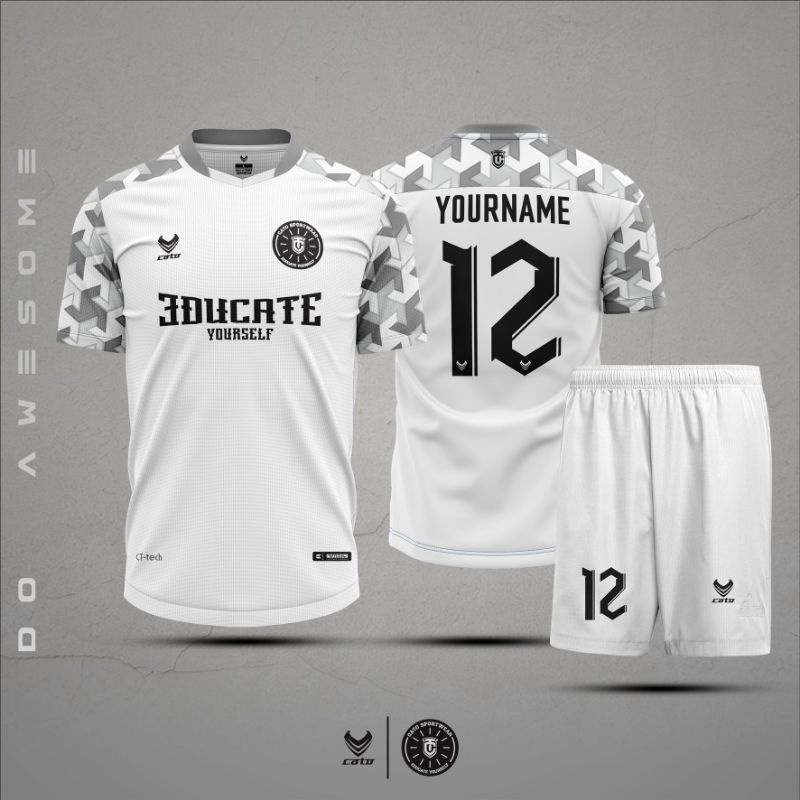 CATO BOBU WHITE - CUSTOM BAJU FUTSAL SEPAKBOLA PRINTING DRYFIT PREMIUM PUTIH + CELANA SATU SET  / JE